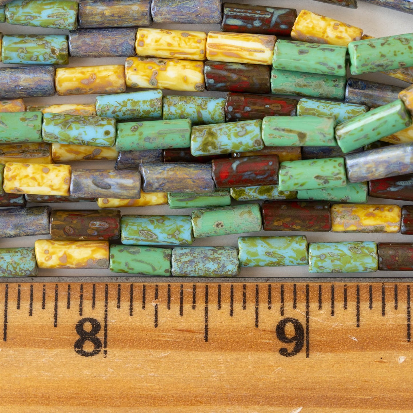 9x4mm Glass Tube Beads - Picasso Color Mix - 20 Inches