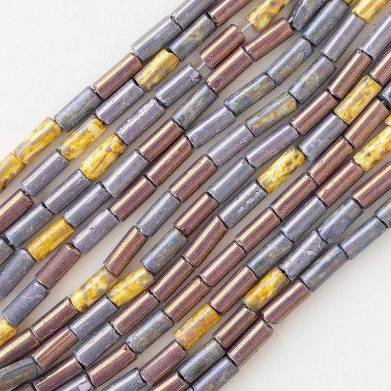 9x4mm Glass Tube Beads - Purple Yellow Picasso Mix - 20 or 60 Inches