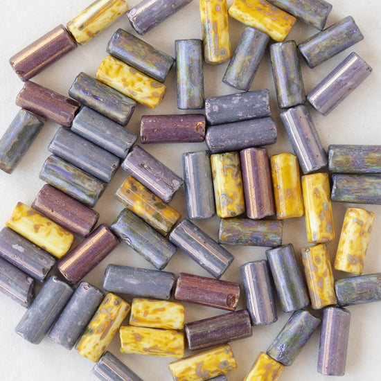 9x4mm Glass Tube Beads - Purple Yellow Picasso Mix - 20 or 60 Inches