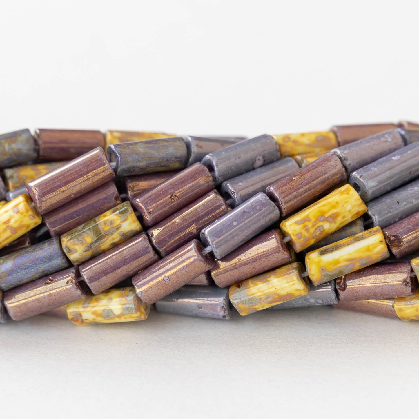 9x4mm Glass Tube Beads - Purple Yellow Picasso Mix - 20 or 60 Inches