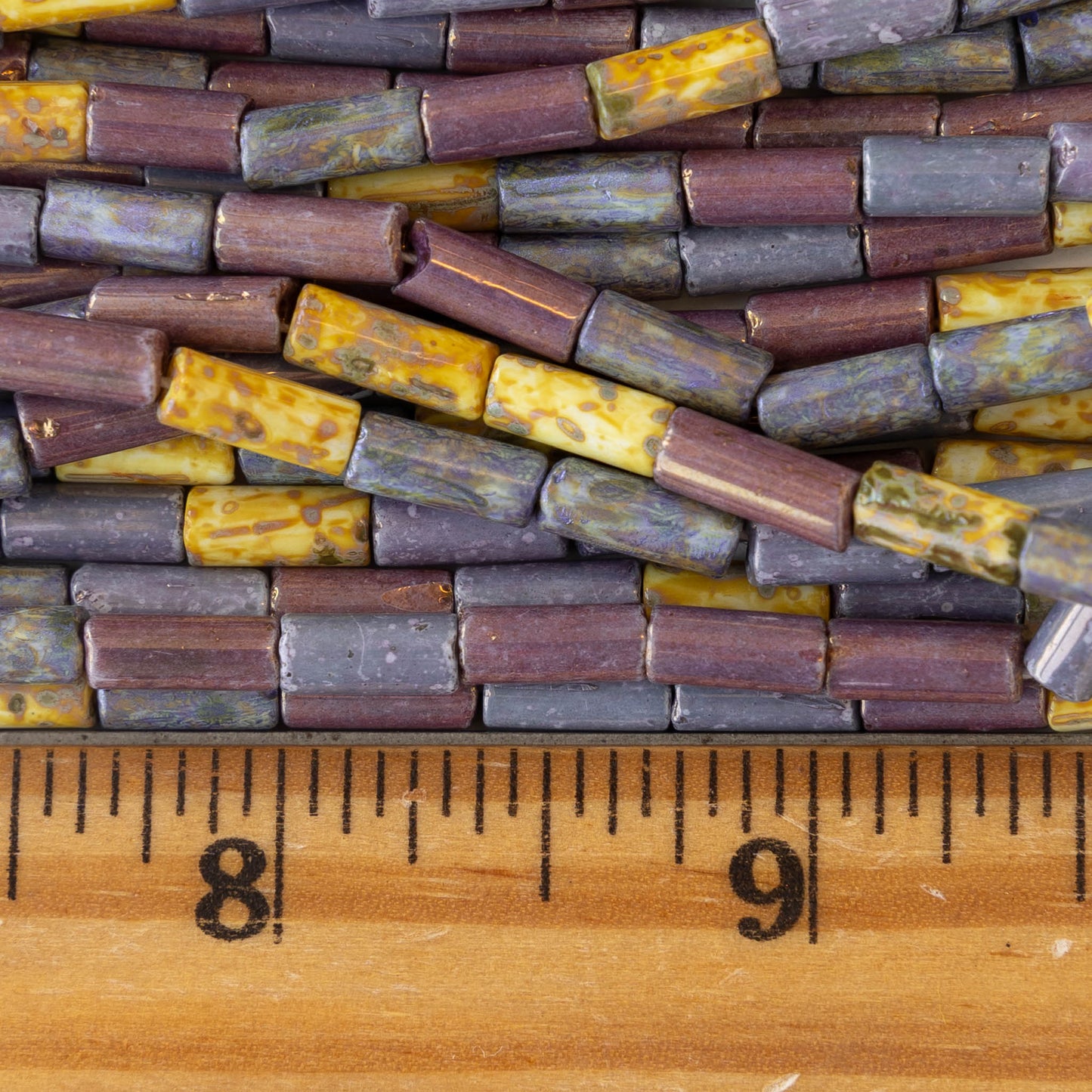 9x4mm Glass Tube Beads - Purple Yellow Picasso Mix - 20 or 60 Inches