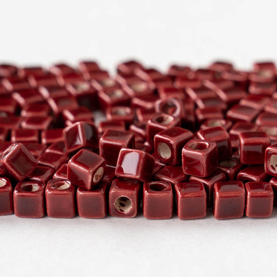 5.5mm Glazed Ceramic Cube Beads - Red - 10 or 30 beads