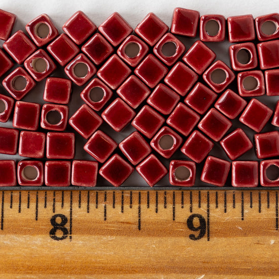 5.5mm Glazed Ceramic Cube Beads - Red - 10 or 30 beads