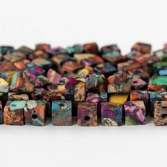 5mm Impression Jasper Cube Beads - Multicolor - 50 beads