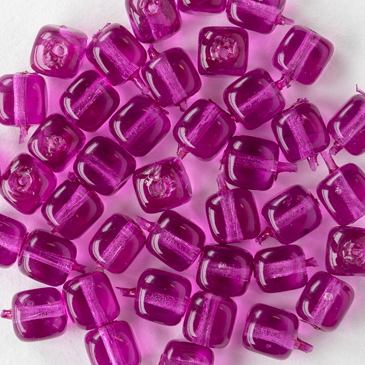 5mm Glass Cube Beads - Transparent Magenta - 15 inch strand - 80 beads