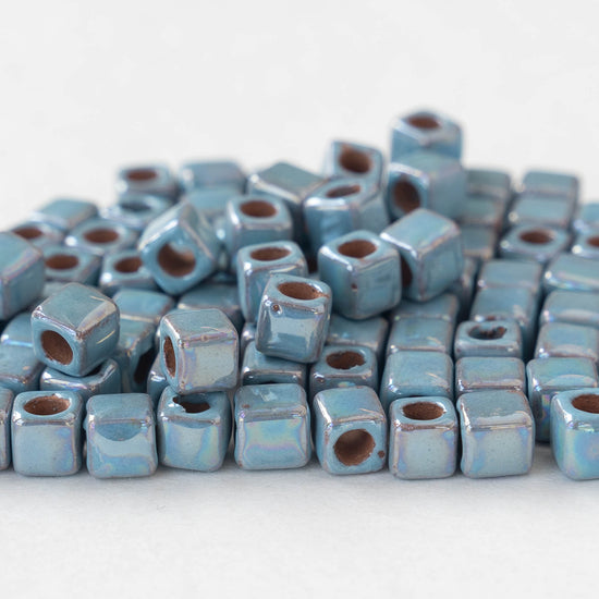 5.5mm Shiny Cube Beads - Iridescent Light Blue - 10 or 30 beads