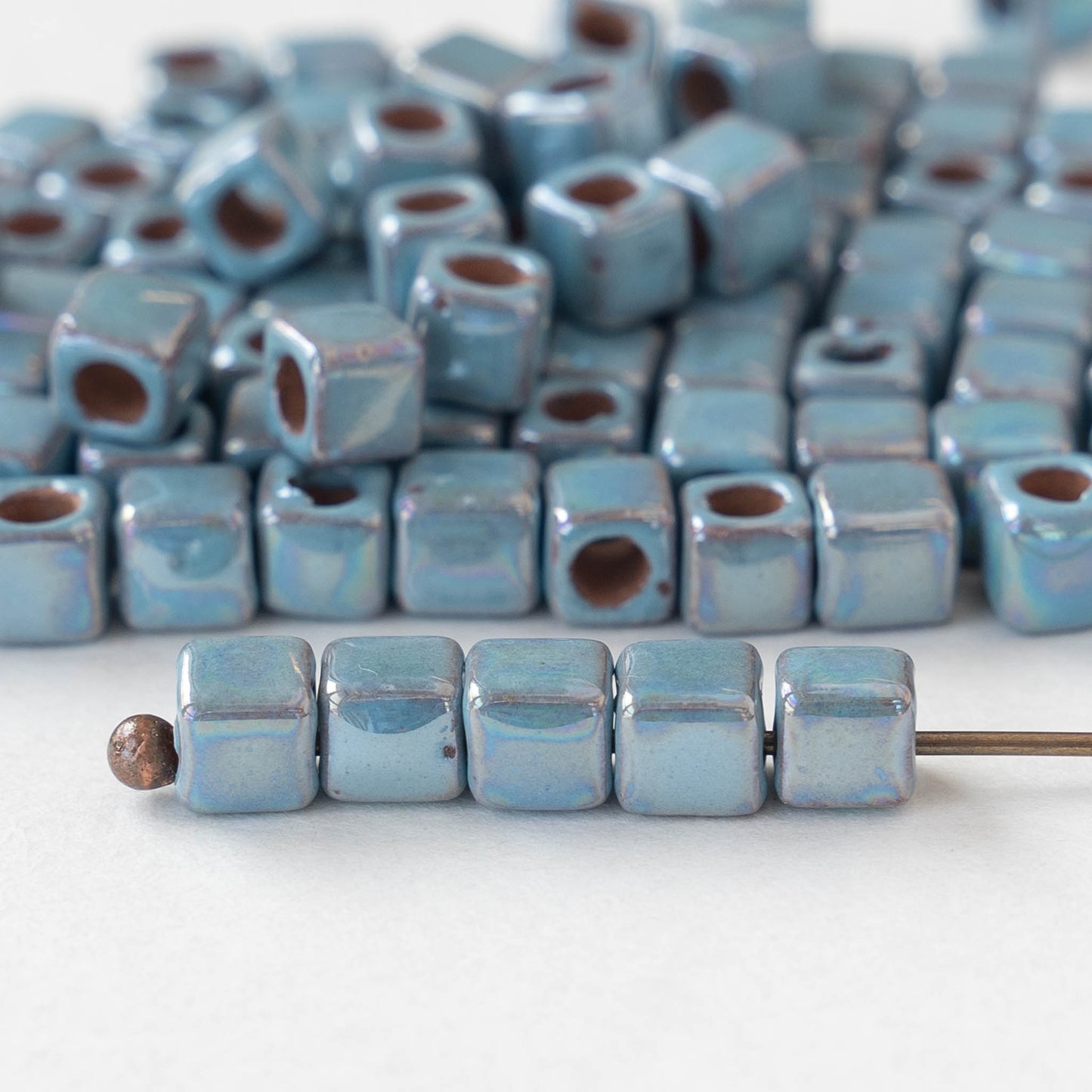5.5mm Shiny Cube Beads - Iridescent Light Blue - 10 or 30 beads