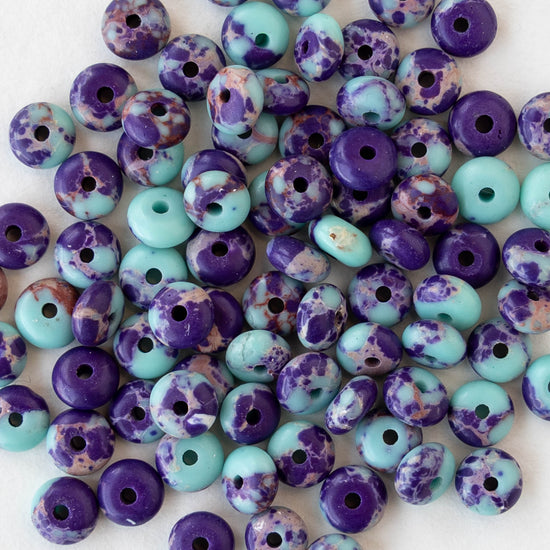 5mm Synthetic Impression Jasper Rondelle Beads - Purple Turquoise Mix - Whole or Half Strand