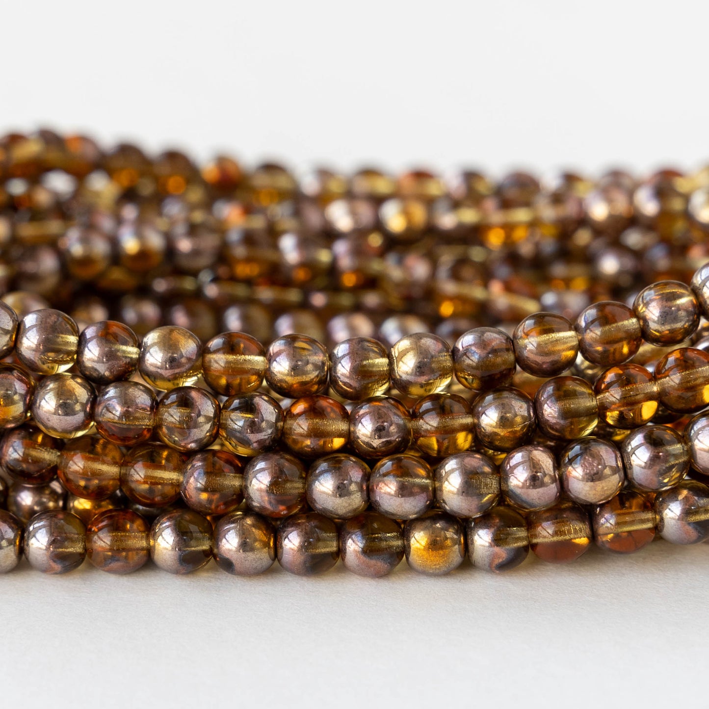 5mm Round Glass Beads - Transparent Amber with Half Gold Finish - 100 Beads