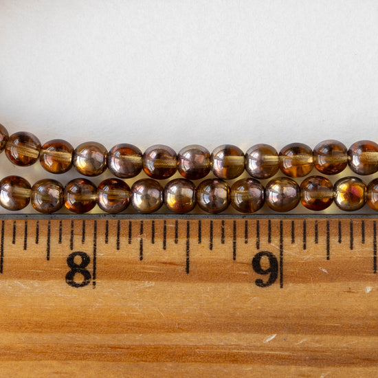 5mm Round Glass Beads - Transparent Amber with Half Gold Finish - 100 Beads