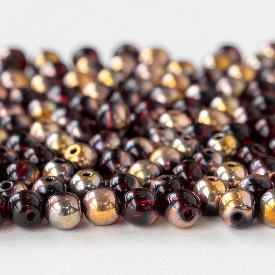 5mm Round Glass Beads - Transparent Dark Red with Half Gold Finish - 100 Beads