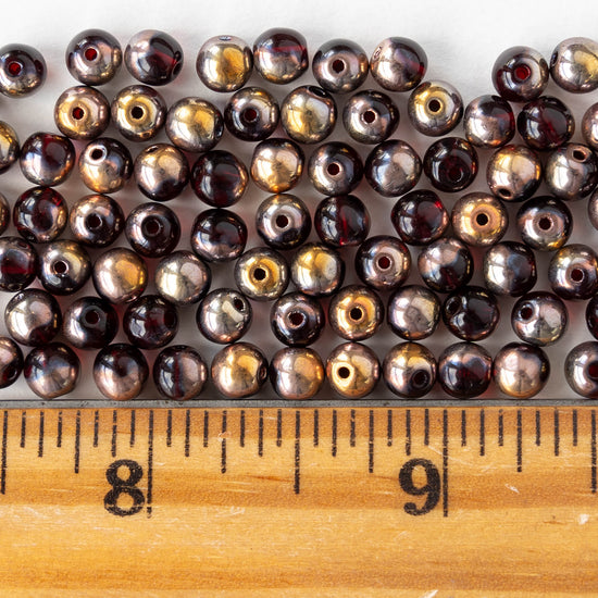 5mm Round Glass Beads - Transparent Dark Red with Half Gold Finish - 100 Beads