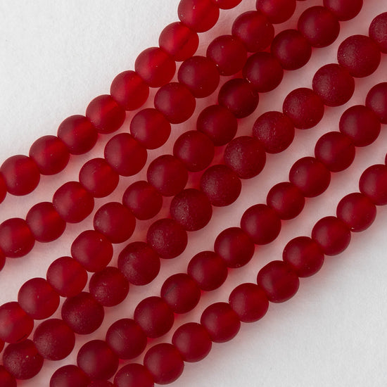 5mm Frosted Glass Round Beads - Red - 16 Inches