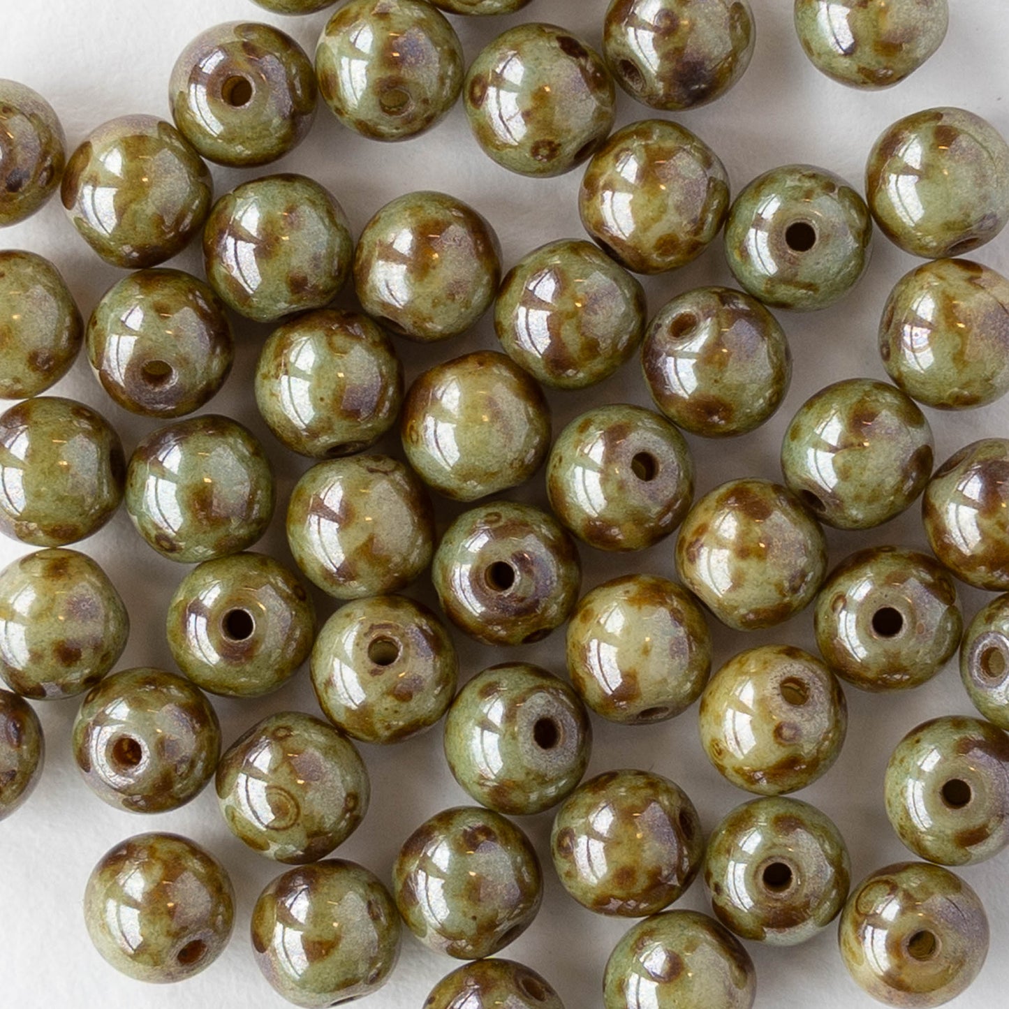 5mm Round Glass Beads - Green Picasso Luster - 50 Beads