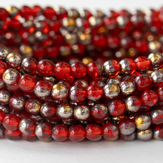 5mm Round Glass Beads - Red with Gold Finish - 100 beads