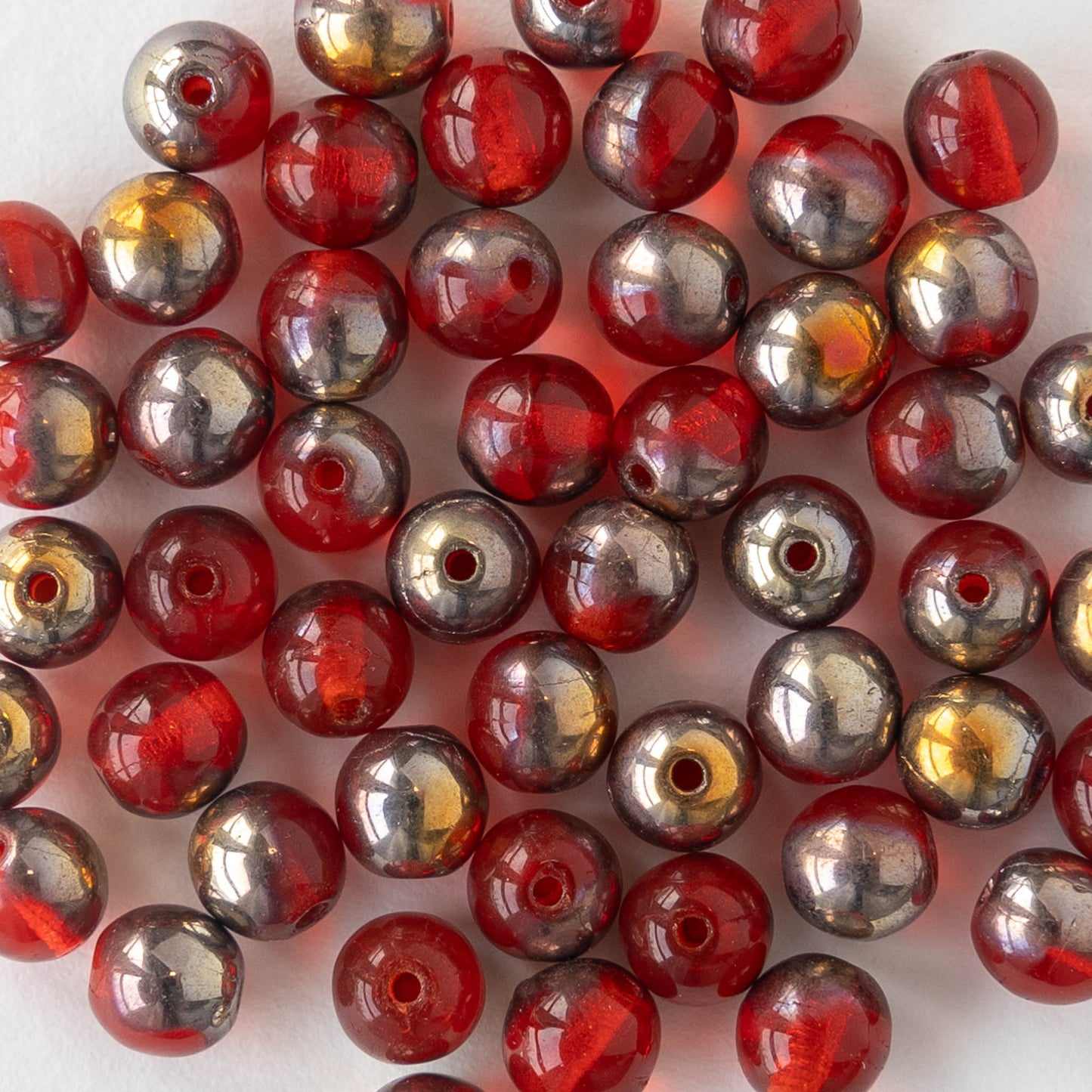 5mm Round Glass Beads - Red with Gold Finish - 100 beads