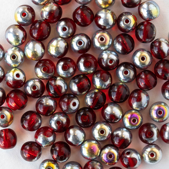 5mm Round Glass Beads - Transparent Dark Red with Half Metallic Silver Finish - 50 Beads