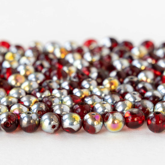 5mm Round Glass Beads - Transparent Dark Red with Half Metallic Silver Finish - 50 Beads