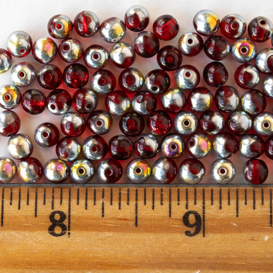 5mm Round Glass Beads - Transparent Dark Red with Half Metallic Silver Finish - 50 Beads