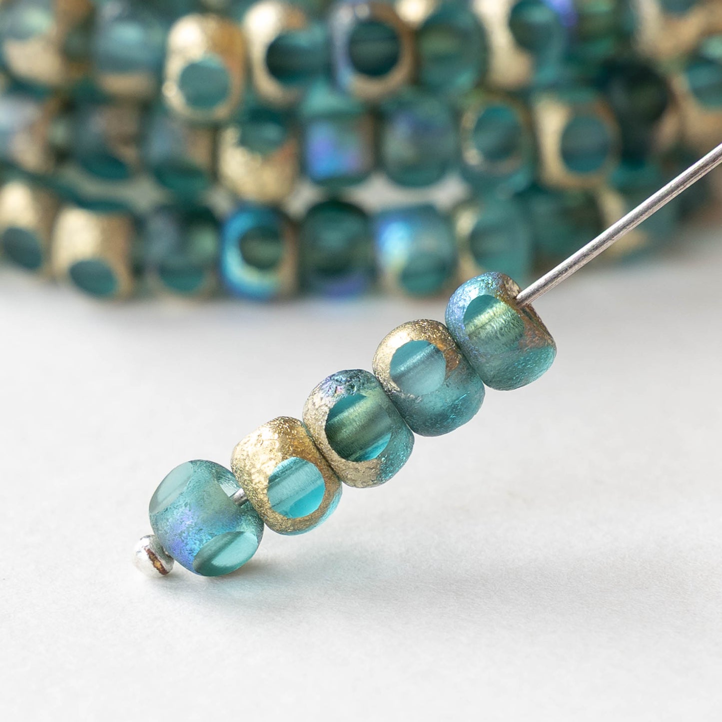 5mm Cut Round Beads - Etched Teal Gold AB - 25 beads