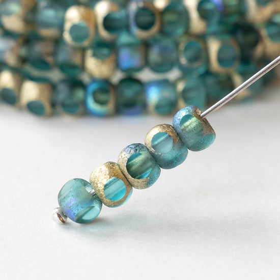 5mm Cut Round Beads - Etched Teal Gold AB - 25 beads