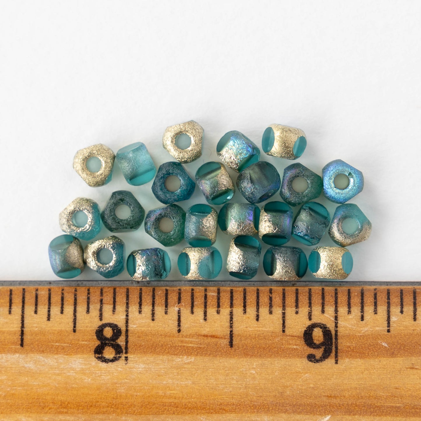 5mm Cut Round Beads - Etched Teal Gold AB - 25 beads