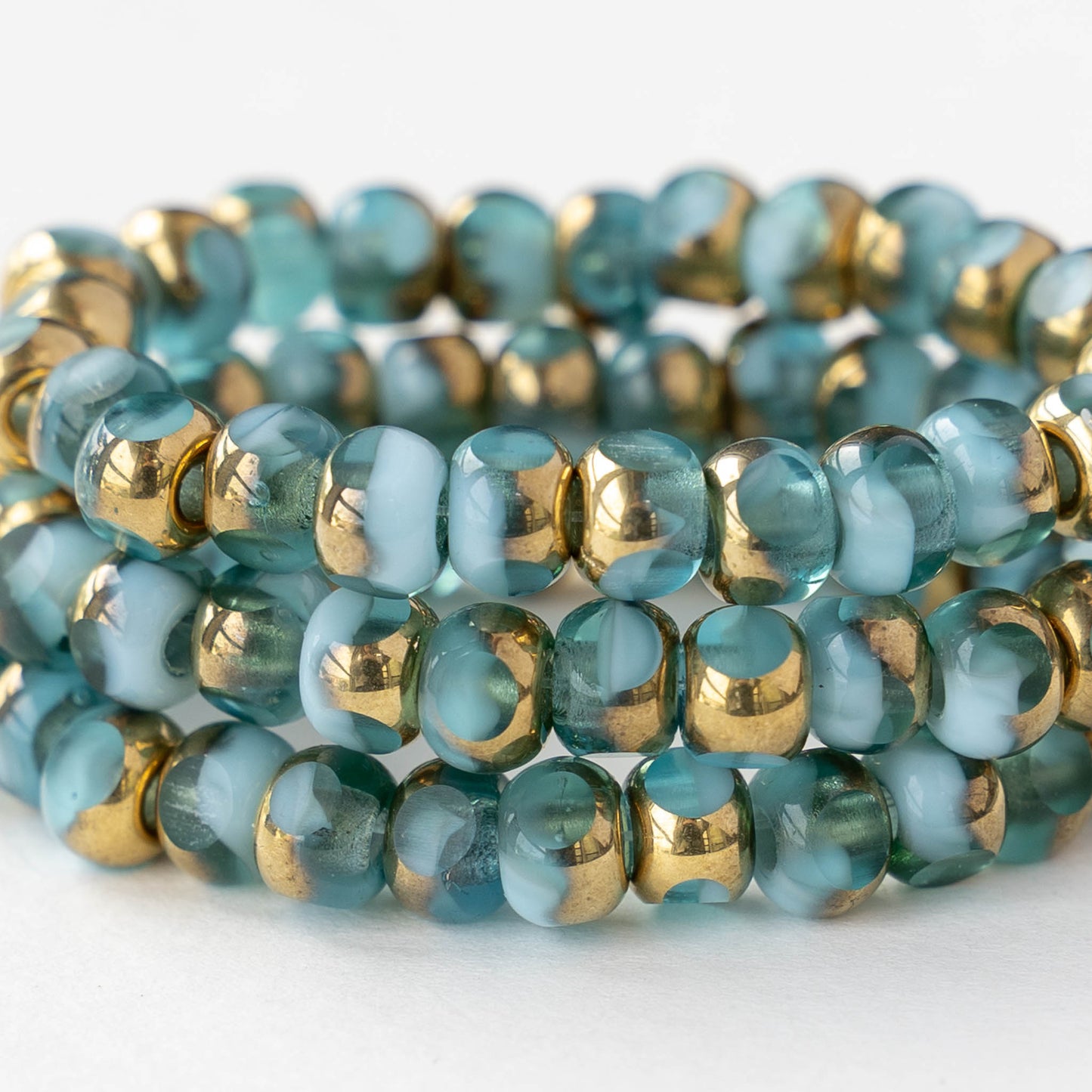 5mm Side Cut Round Beads - Teal and Light Blue with Gold - 25 beads