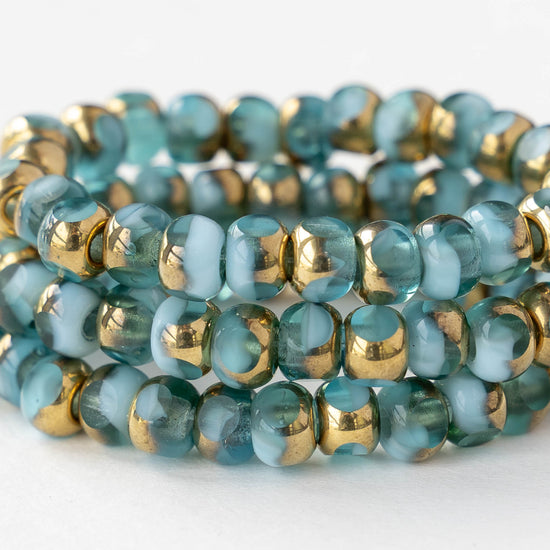 5mm Side Cut Round Beads - Teal and Light Blue with Gold - 25 beads