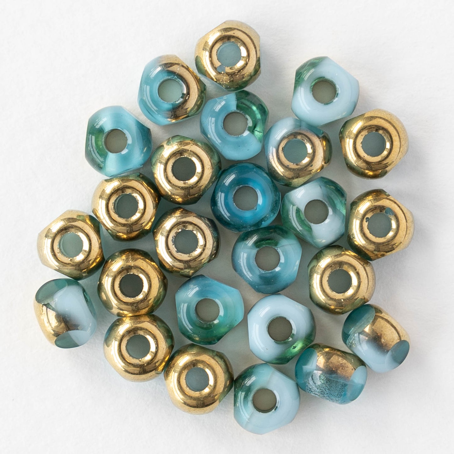 5mm Side Cut Round Beads - Teal and Light Blue with Gold - 25 beads