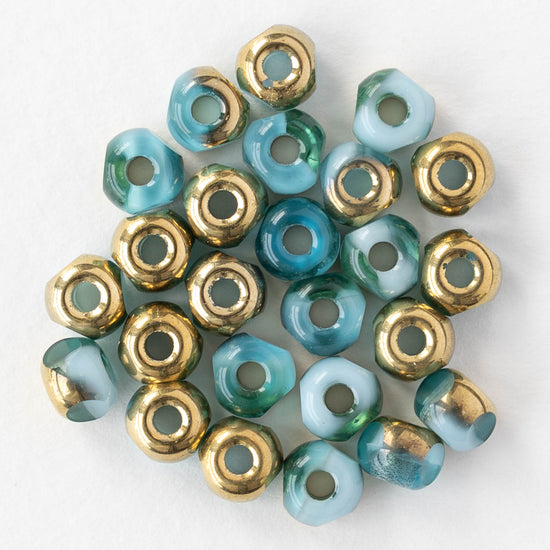 5mm Side Cut Round Beads - Teal and Light Blue with Gold - 25 beads