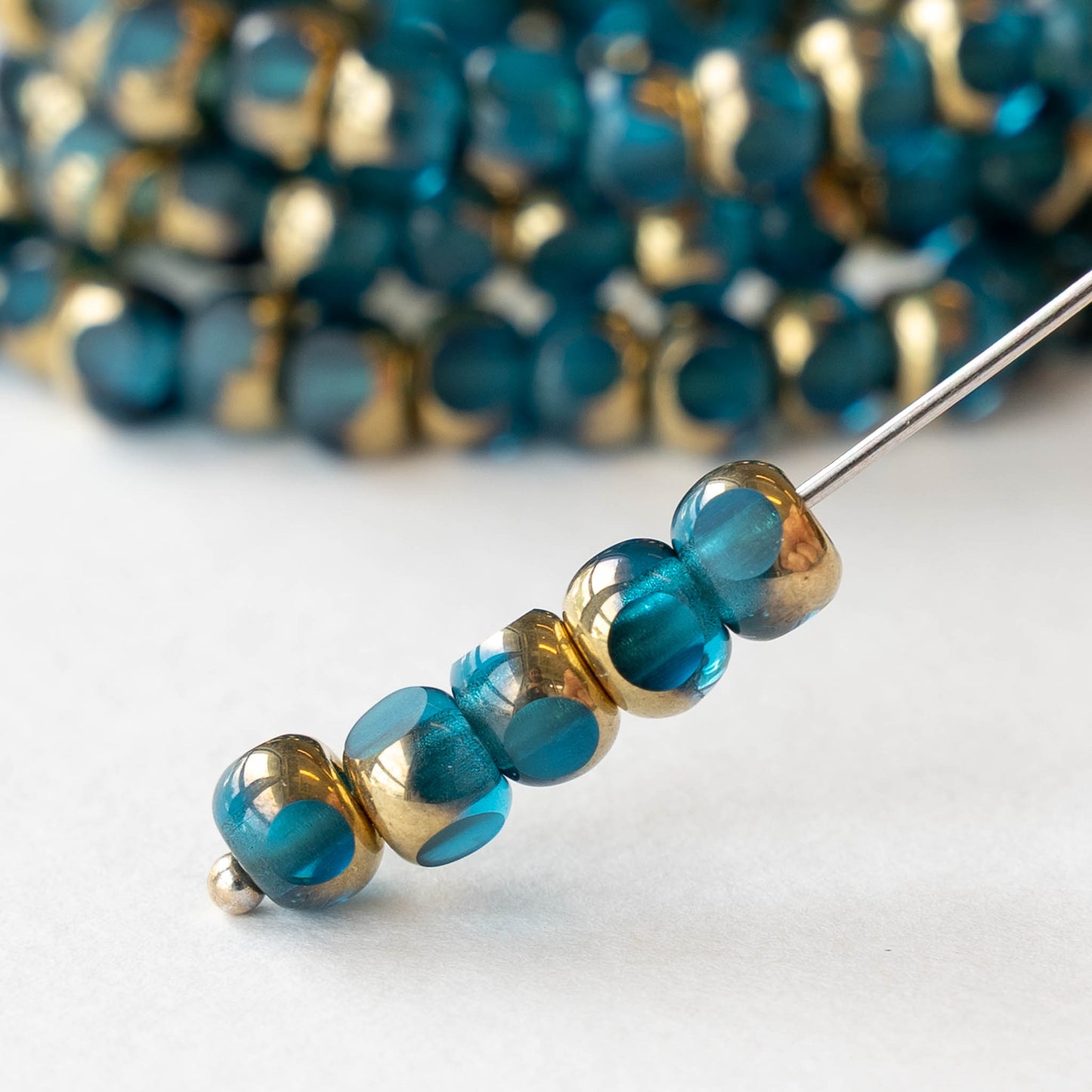 5mm Side Cut Round Beads - Teal and Gold - 25 beads