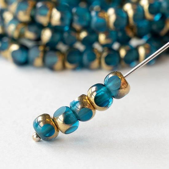 5mm Side Cut Round Beads - Teal and Gold - 25 beads