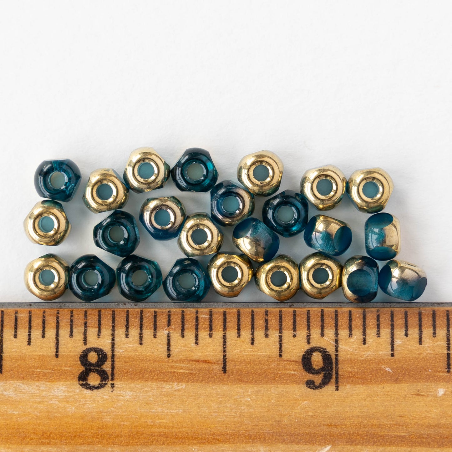 5mm Side Cut Round Beads - Teal and Gold - 25 beads
