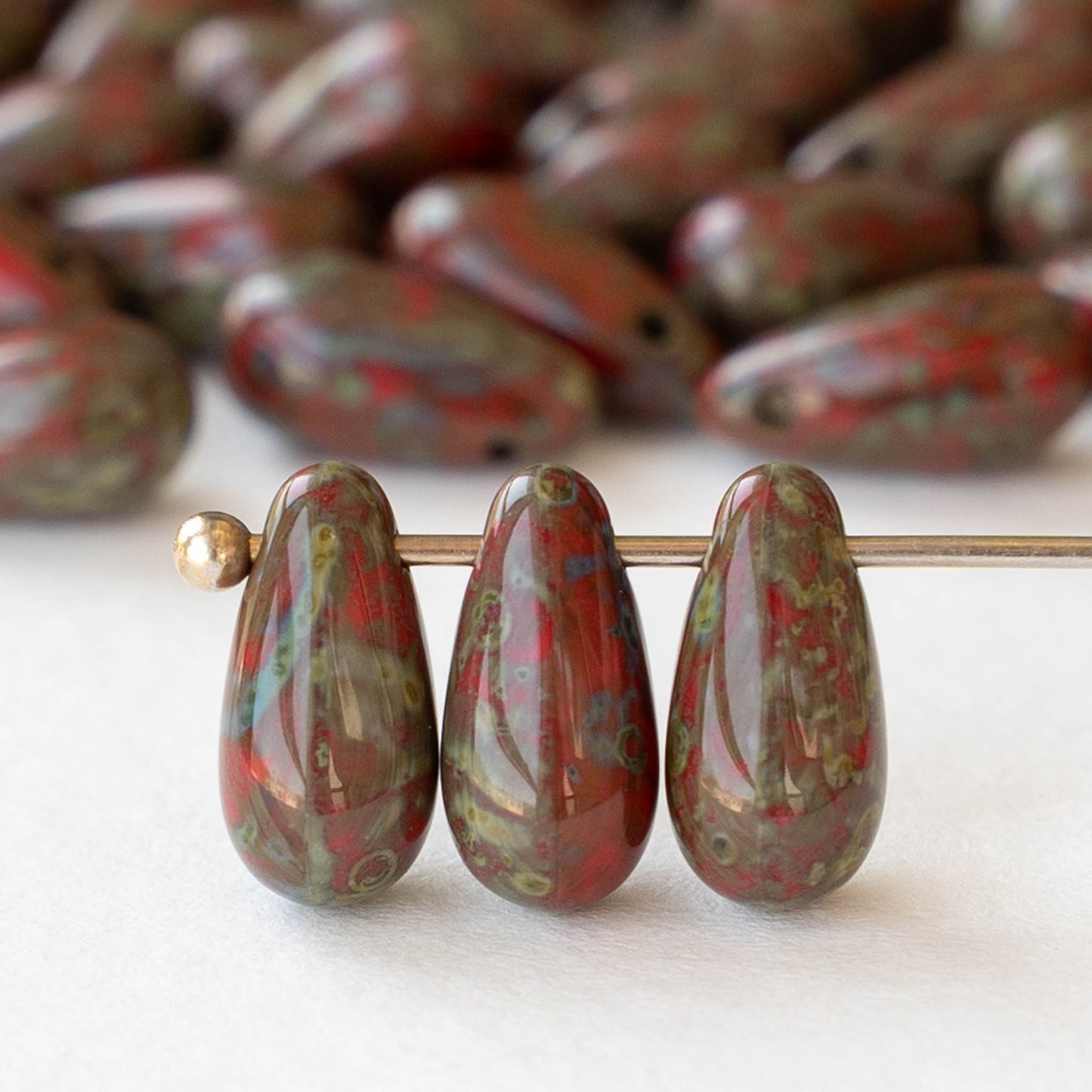 5x10mm Glass Teardrop Beads - Red Picasso - 30 Beads
