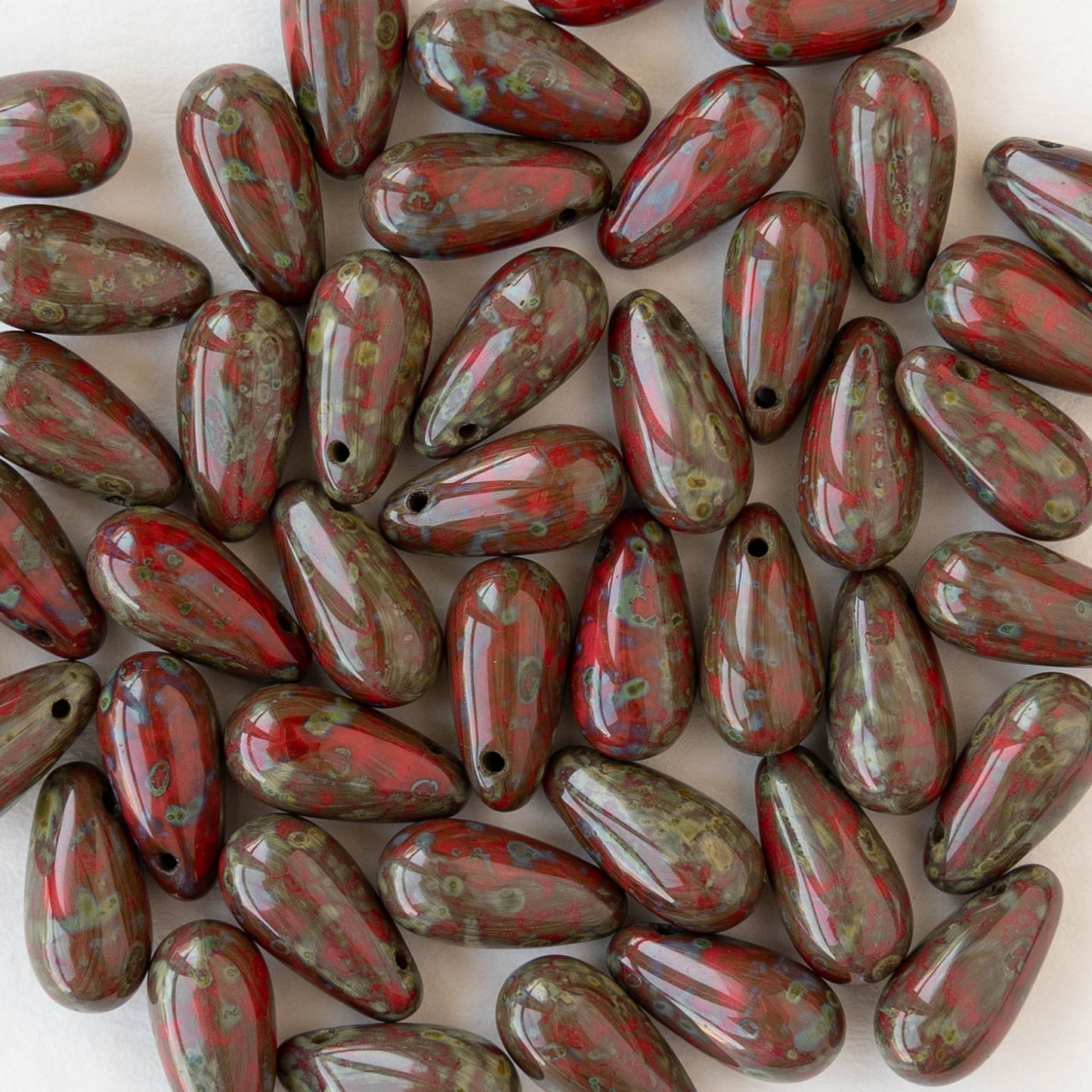 5x10mm Glass Teardrop Beads - Red Picasso - 30 Beads