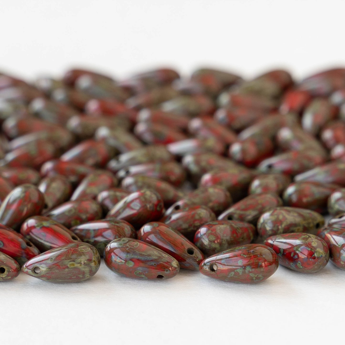 5x10mm Glass Teardrop Beads - Red Picasso - 30 Beads