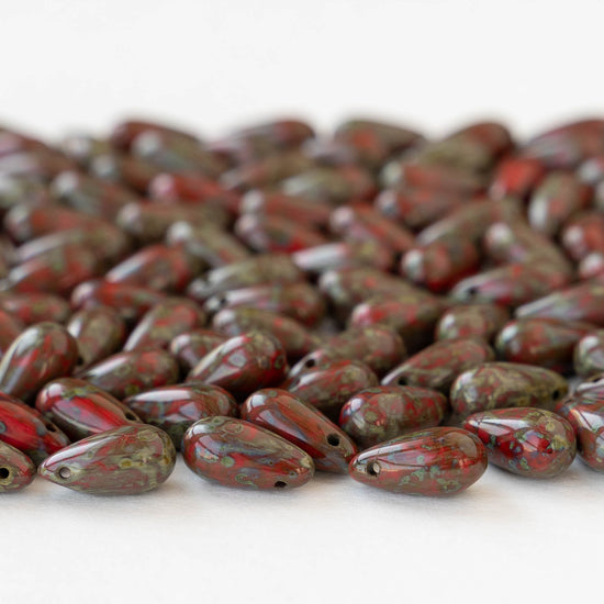 5x10mm Glass Teardrop Beads - Red Picasso - 30 Beads