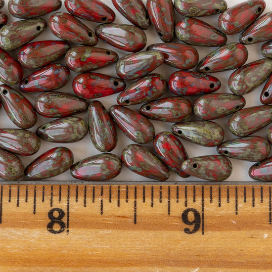 5x10mm Glass Teardrop Beads - Red Picasso - 30 Beads