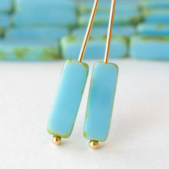 15mm Glass Rectangle Beads - Baby Blue with Picasso Edges - 14 Beads