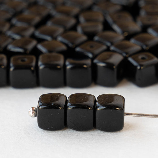 5x7mm Glass Cube Beads - Opaque Black - 50 beads