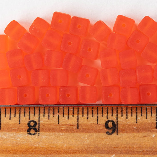 5x7mm Glass Cube Beads - Matte Bright Orange - 50 beads