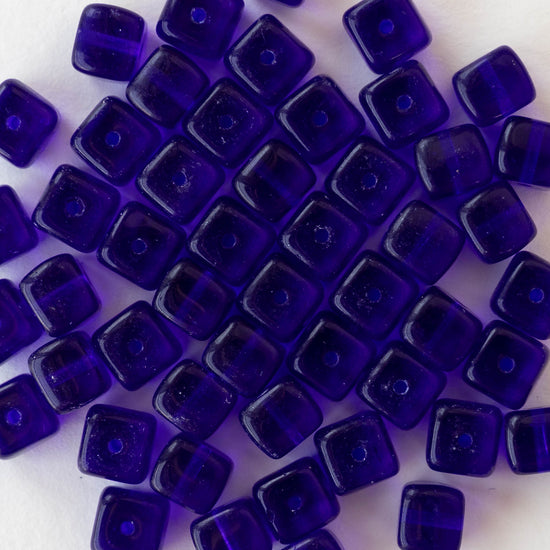 5x7mm Glass Cube Beads - Transparent Cobalt Blue - 50 beads