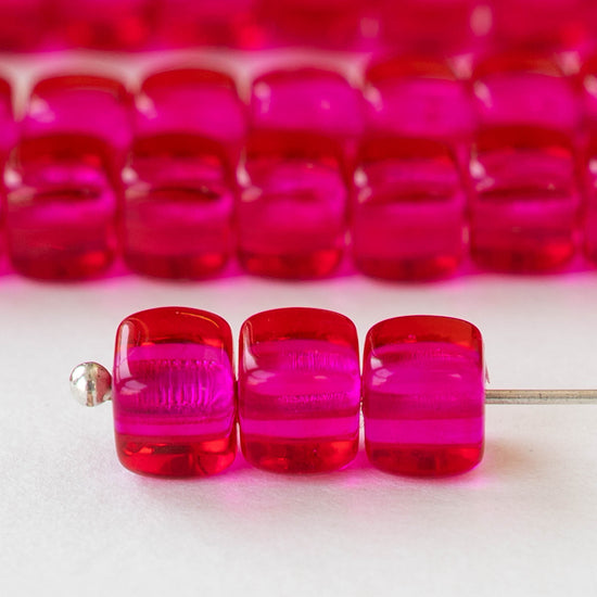 5x7mm Glass Cube Beads - Transparent Hot Pink - 50 beads