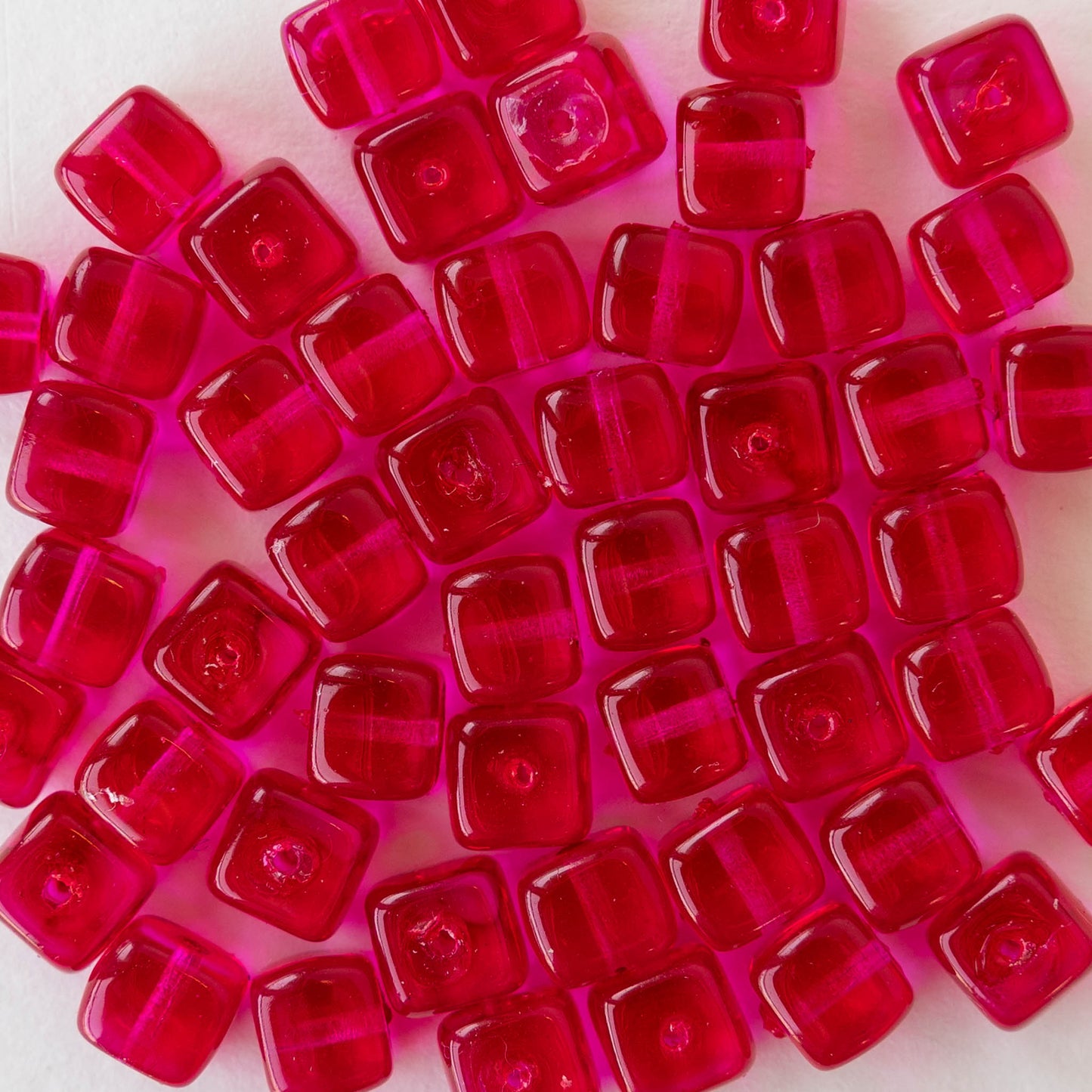 5x7mm Glass Cube Beads - Transparent Hot Pink - 50 beads