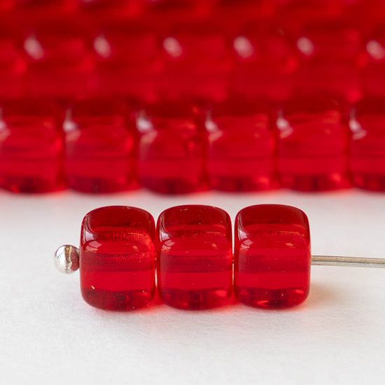 5x7mm Glass Cube Beads - Transparent Siam Red - 50 beads