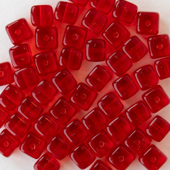 5x7mm Glass Cube Beads - Transparent Siam Red - 50 beads