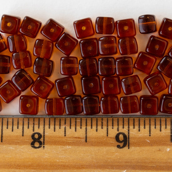 5x7mm Glass Cube Beads - Transparent Madeira Topaz - 50 beads