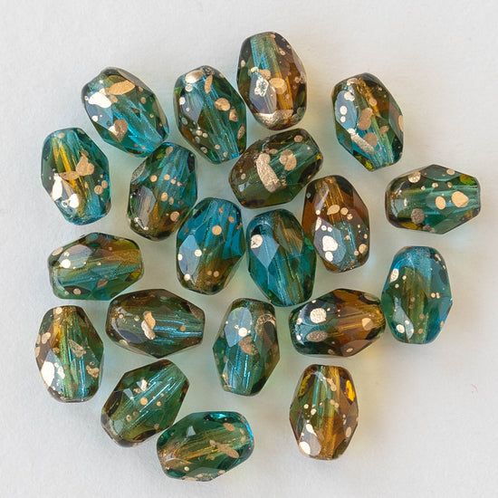 5x7mm Oval Beads - Teal, Amber and Green with Gold Dust - 20 beads