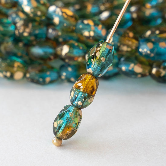 5x7mm Oval Beads - Teal, Amber and Green with Gold Dust - 20 beads