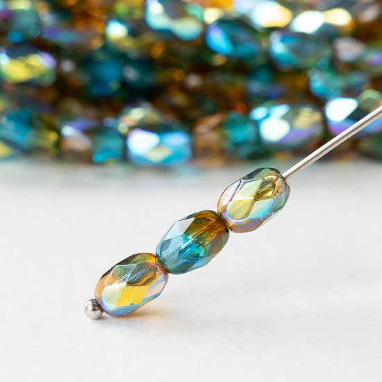 5x7mm Firepolished Glass Oval Beads - Teal Yellow Green AB Luster - 10 or 20 beads